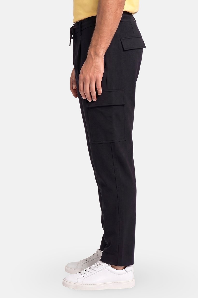 Men Regular Fit Solid Cargo Pants, Navy Blue