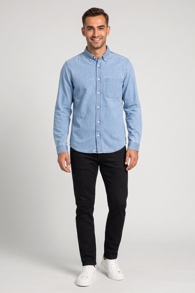 Men Regular Fit Washed Long Sleeve Denim Shirt, Blue