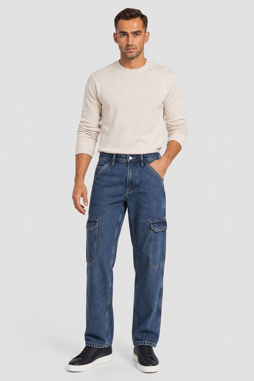 Men Loose Fit Non Stretchable Cargo Jeans, Washed Blue