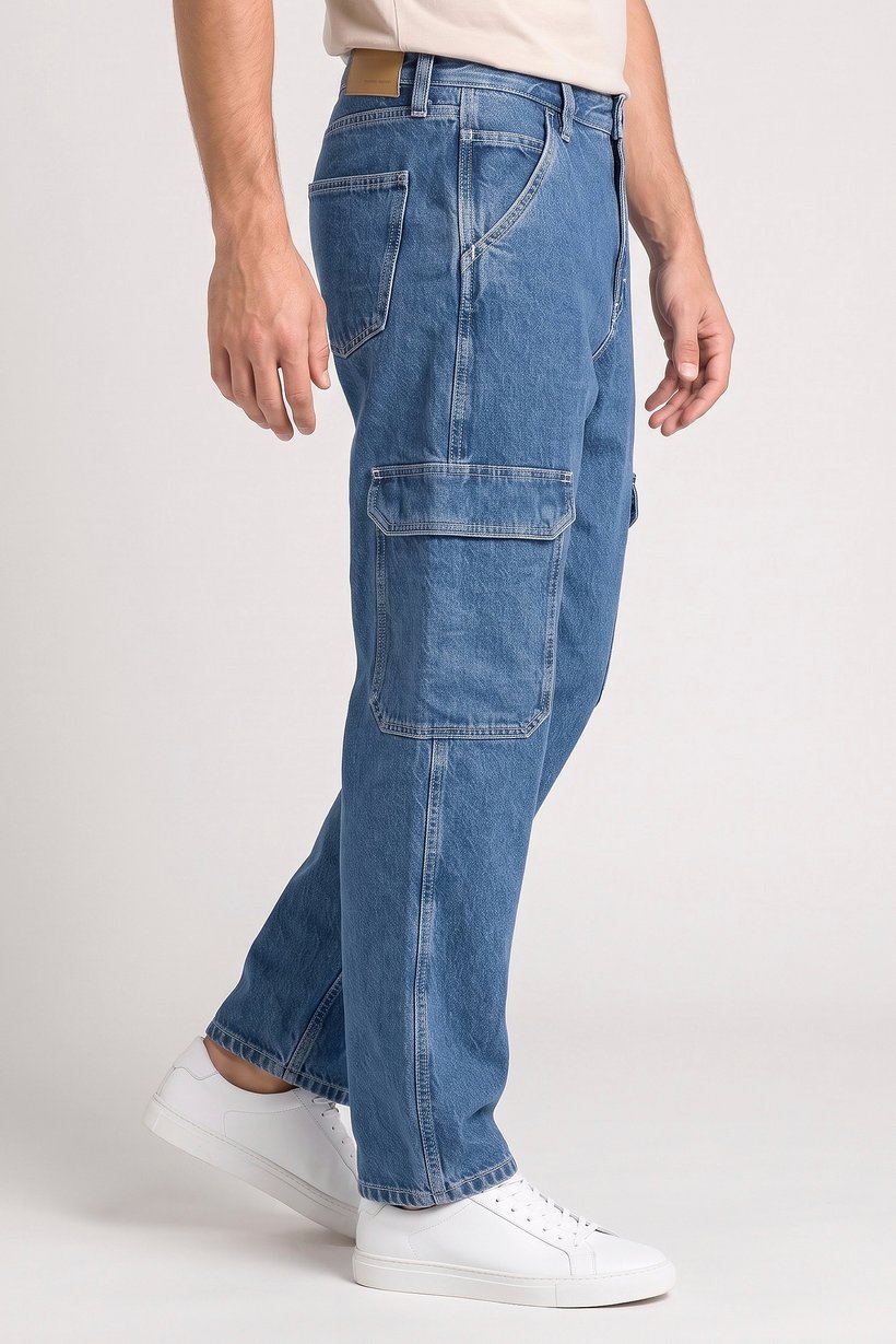 Men Loose Fit Non-Stretchable Cargo Jeans, Blue