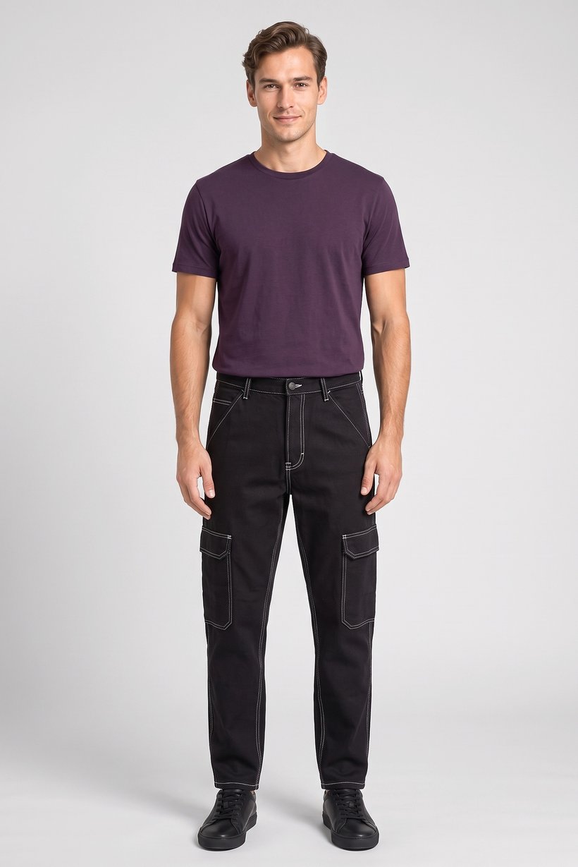 Men Loose Fit Solid Non Stretch Cargo Jeans, Black