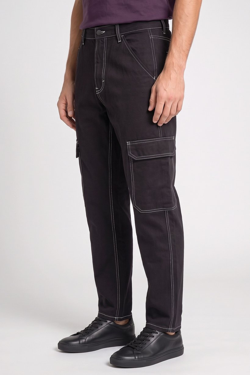 Men Loose Fit Solid Non Stretch Cargo Jeans, Black