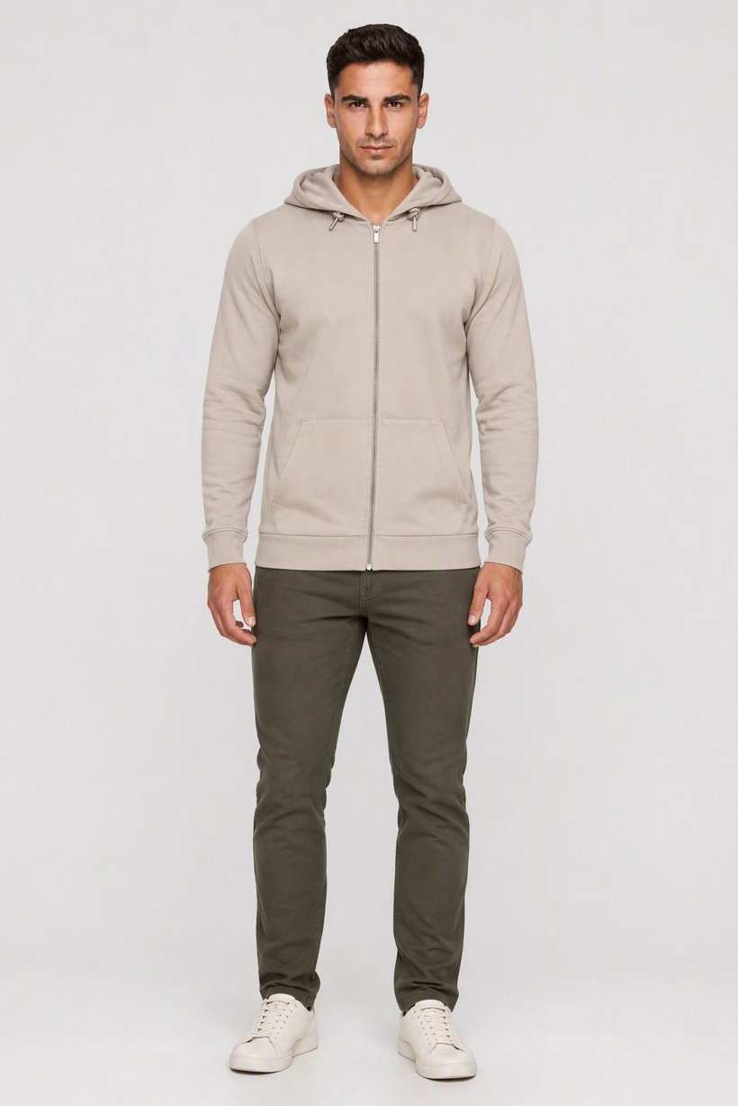 Men Long Sleeve Textured Full Zip Hoodie, Light Beige