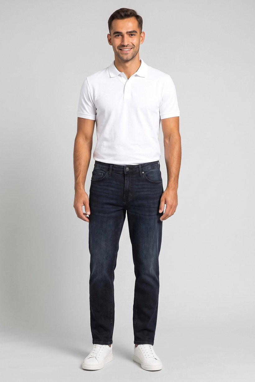 Men Regular Fit Washed Stretchable Denim Jeans, Dark Navy