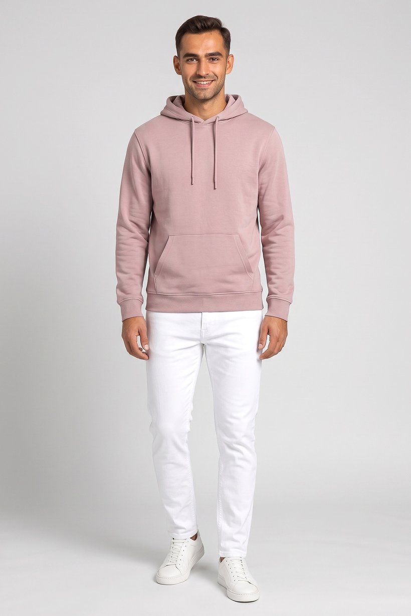 Men Solid Long Sleeve Hoodie, Light Pink