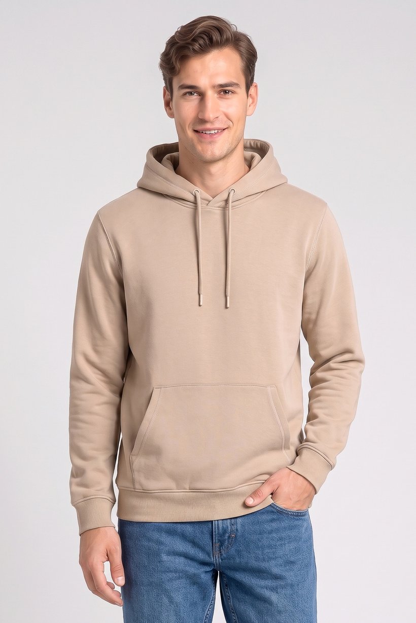 Men Long Sleeve Solid Hoodie, Dark Beige
