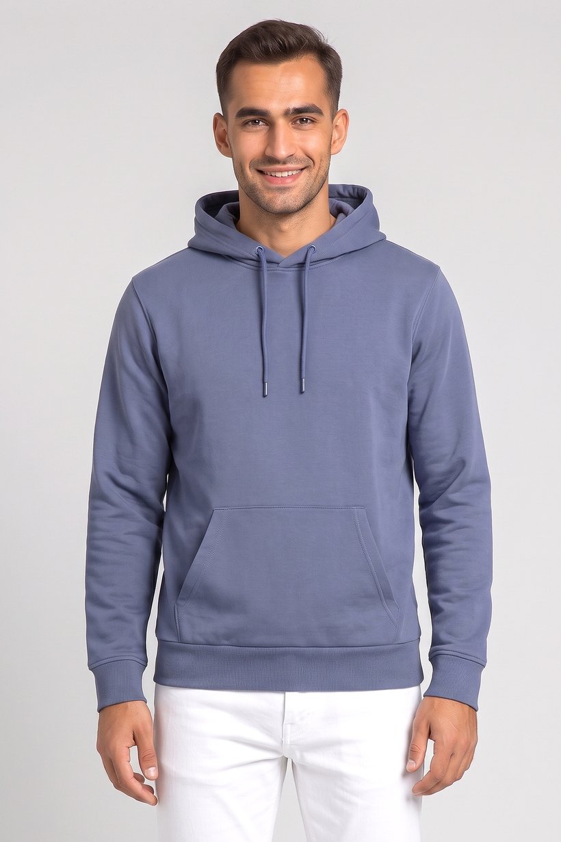 Men Solid Long Sleeve Hoodie, Slate Blue