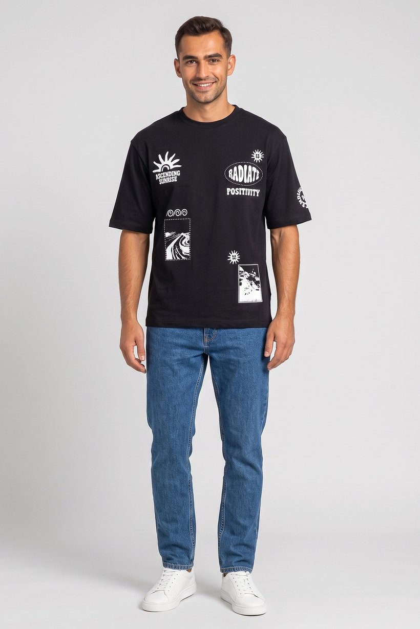 Men Crew Neck Short Sleeve Graphic Print T-Shirt, Black