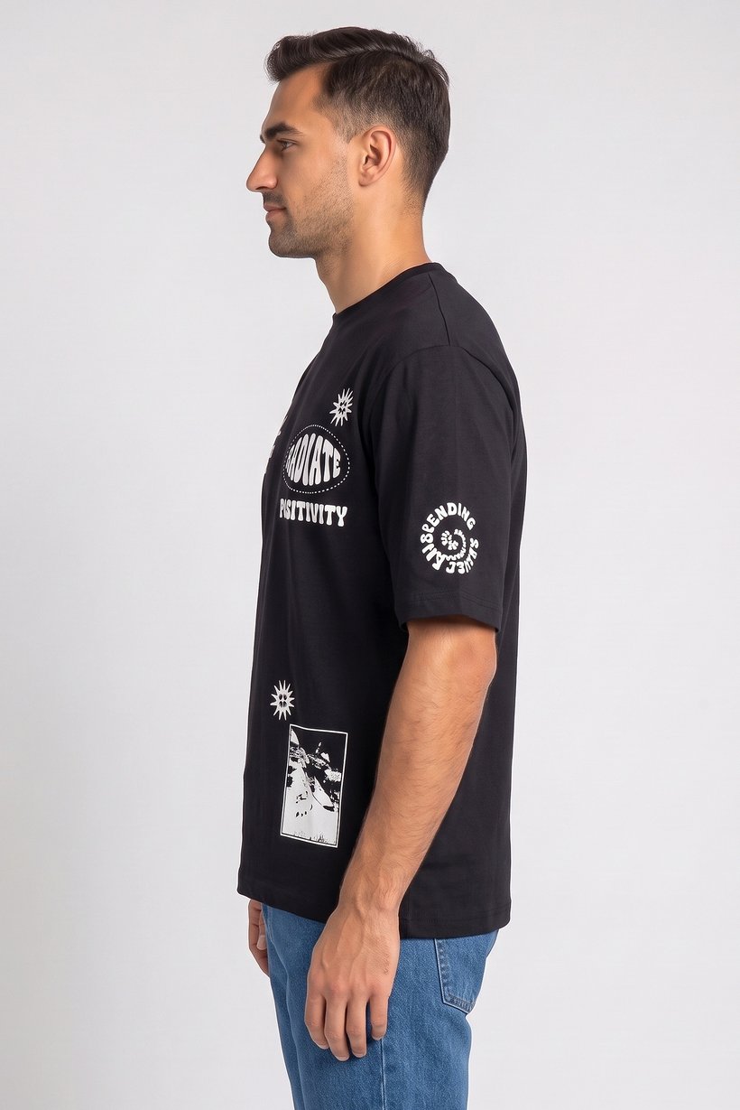 Men Crew Neck Short Sleeve Graphic Print T-Shirt, Black