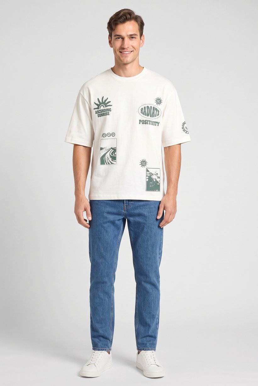Men Crew Neck Short Sleeve Graphic Print T-Shirt, Off White