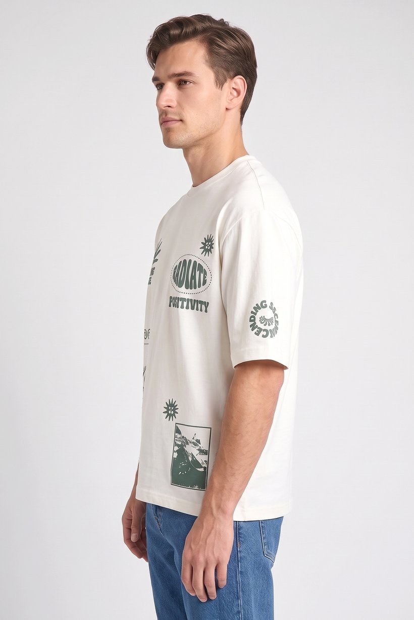 Men Crew Neck Short Sleeve Graphic Print T-Shirt, Off White