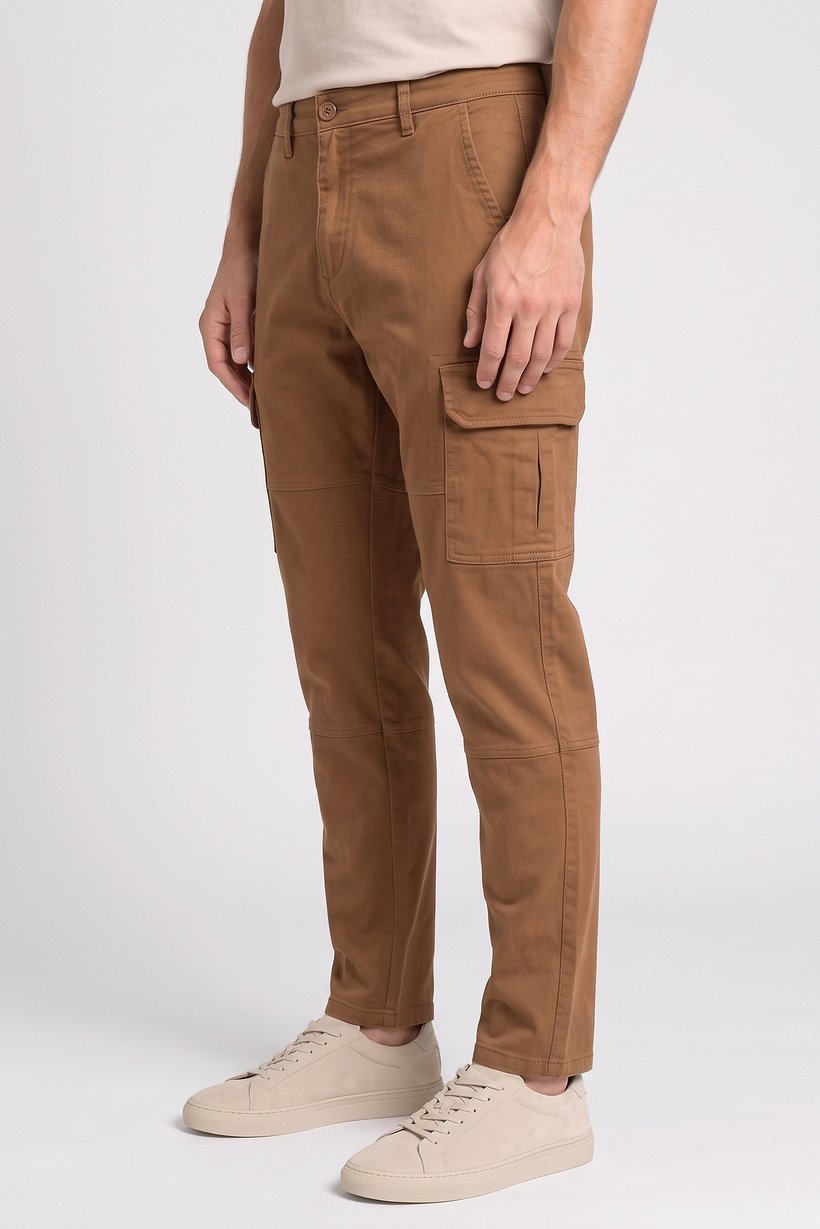 Men Stretch Fit Solid Cargo Pants, Brown