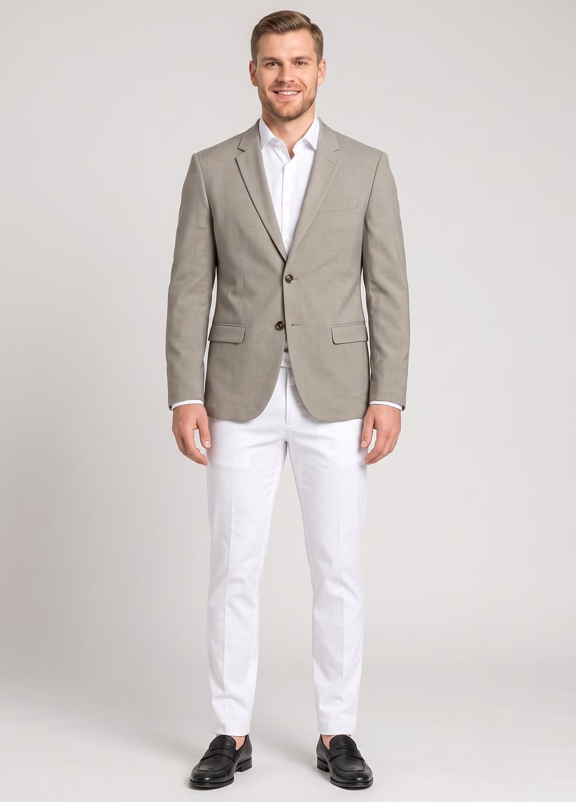 Men Slim Fit Chambray Formal Blazer, Beige