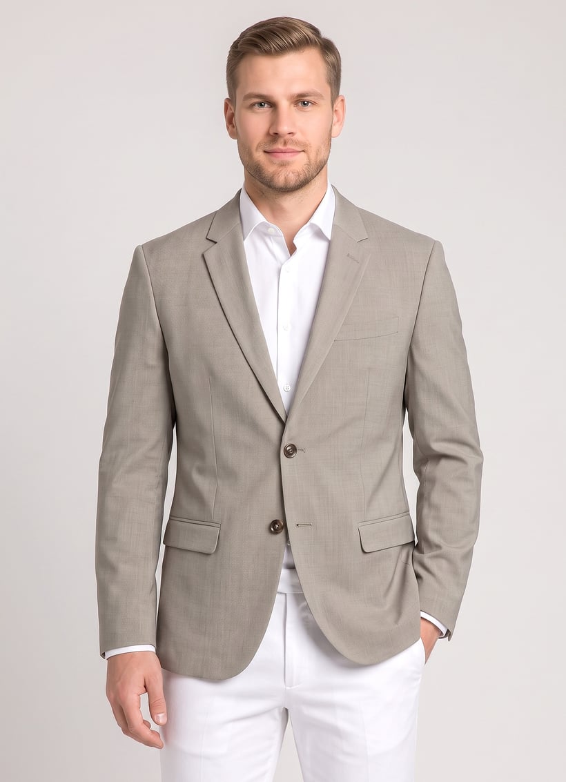 Men Slim Fit Chambray Formal Blazer, Beige