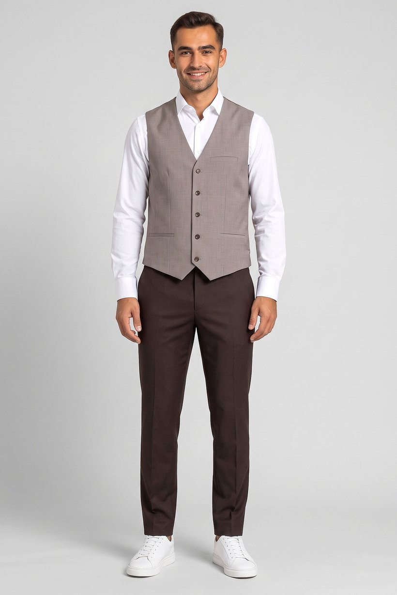 Men Plain Sleeveless Semi Formal Blazer Vest, Beige