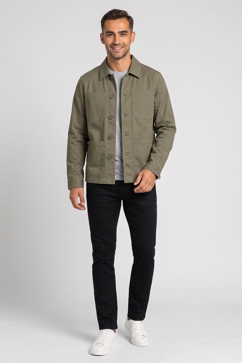 Men Long Sleeve Solid Jacket Shirt, Olive