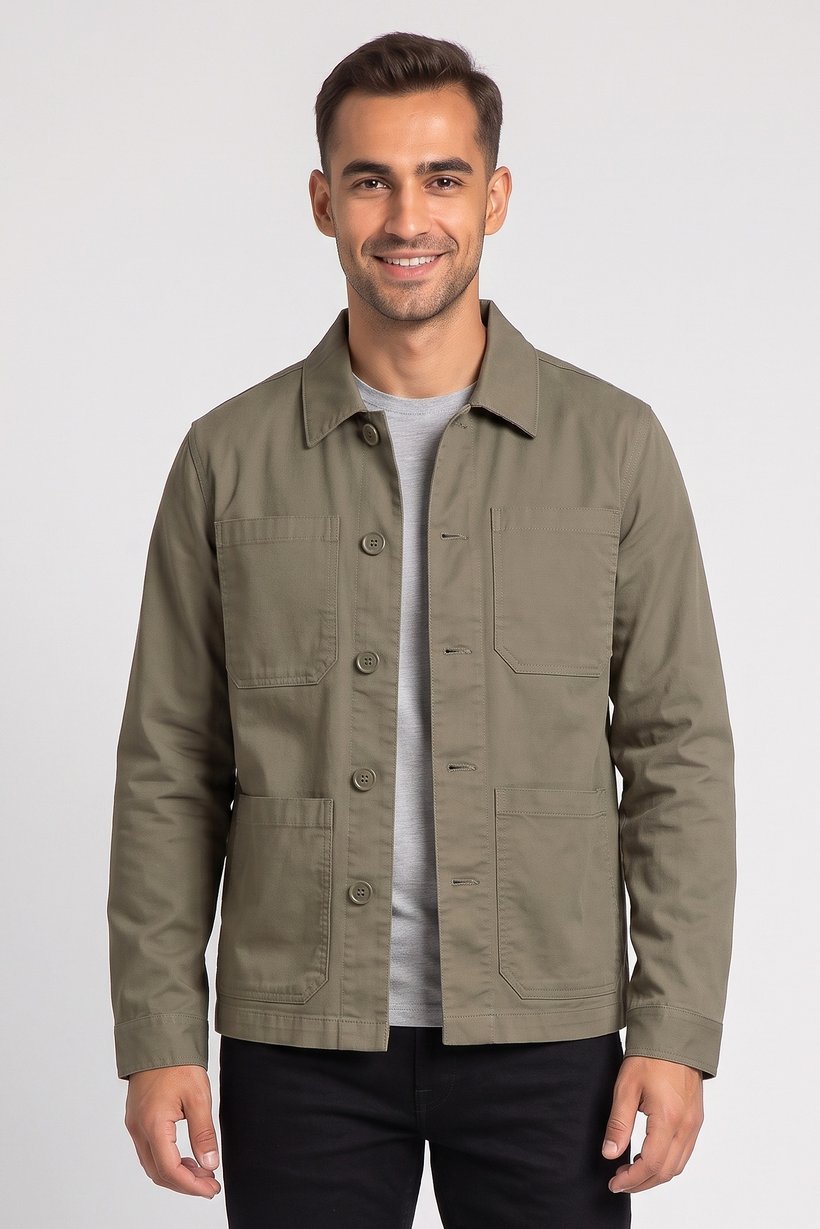 Men Long Sleeve Solid Jacket Shirt, Olive