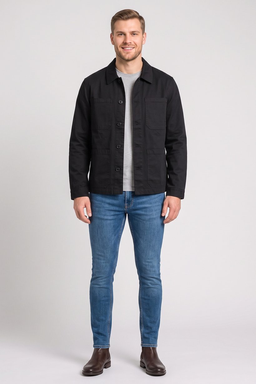 Men Regular Fit Plain long Sleeve Jacket Shirt, Black