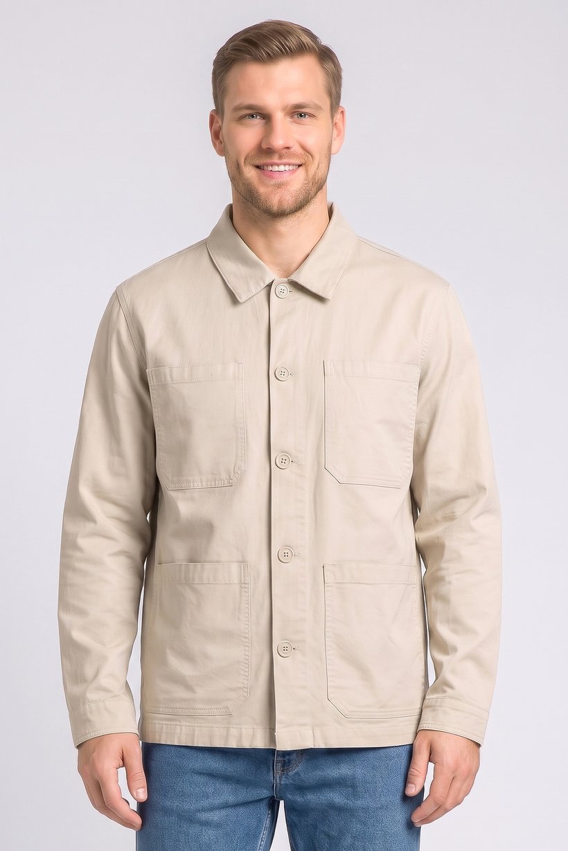 Men Solid Jacket Shirt, Beige
