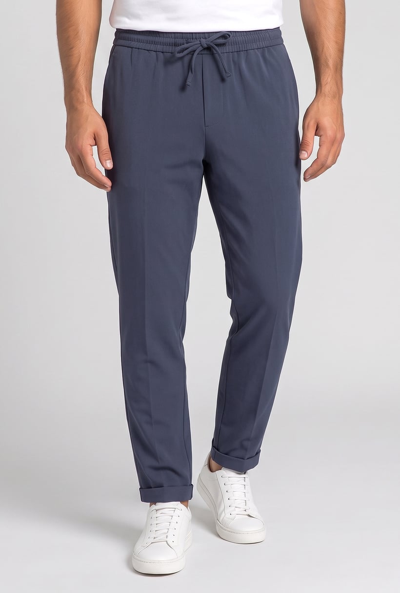 Men Regular Fit Solid Straight Leg Pants, Slate Blue