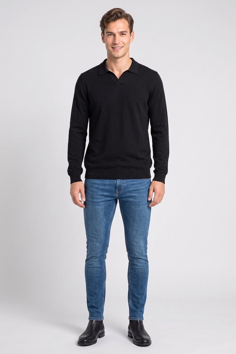 Men Spread Collar Textured Sweater, Black