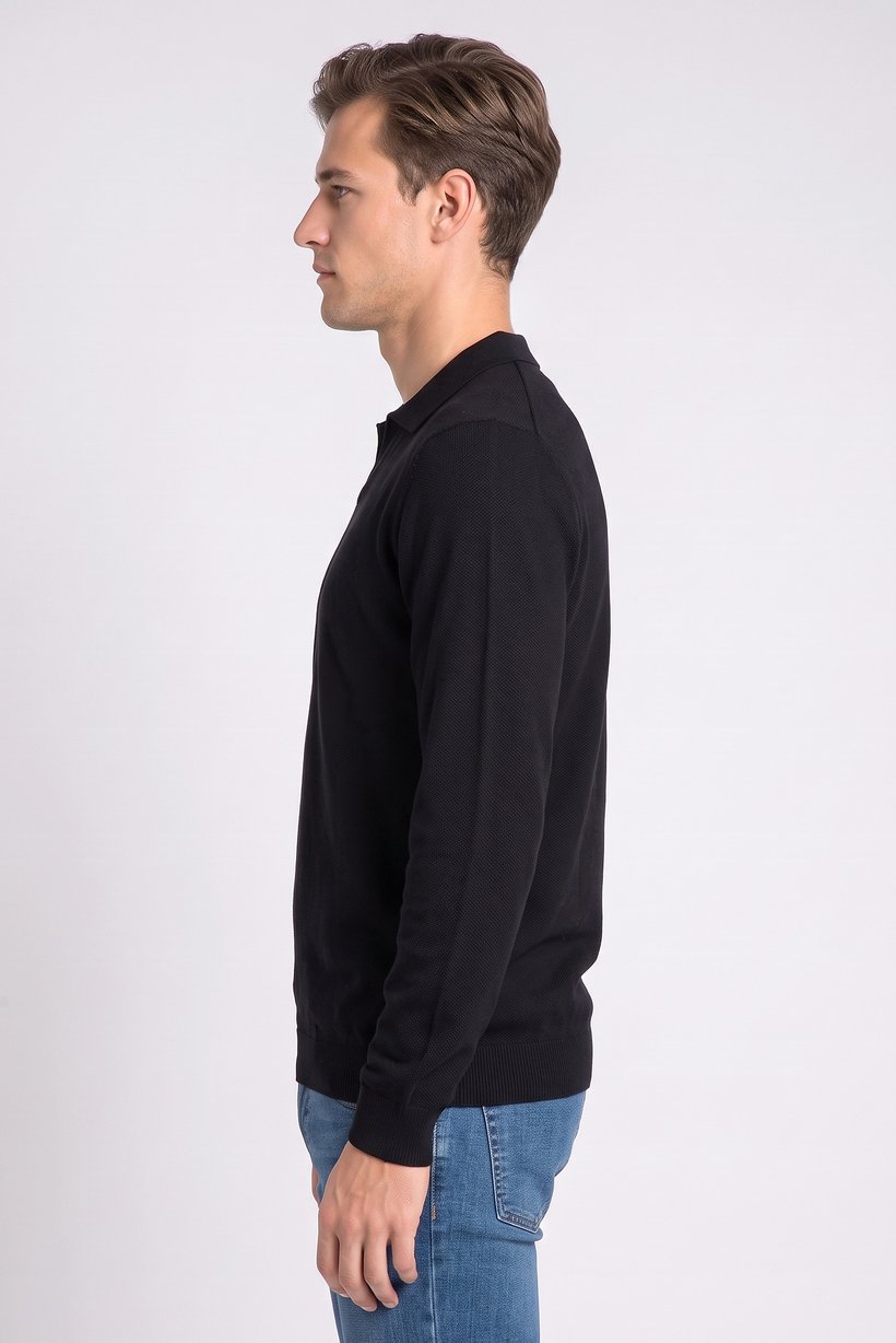 Men Spread Collar Textured Sweater, Black