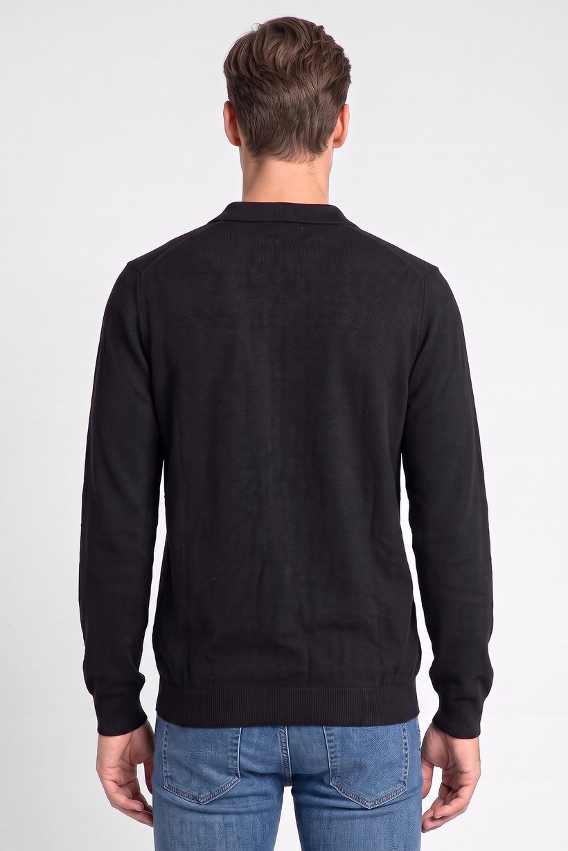Men Spread Collar Textured Sweater, Black