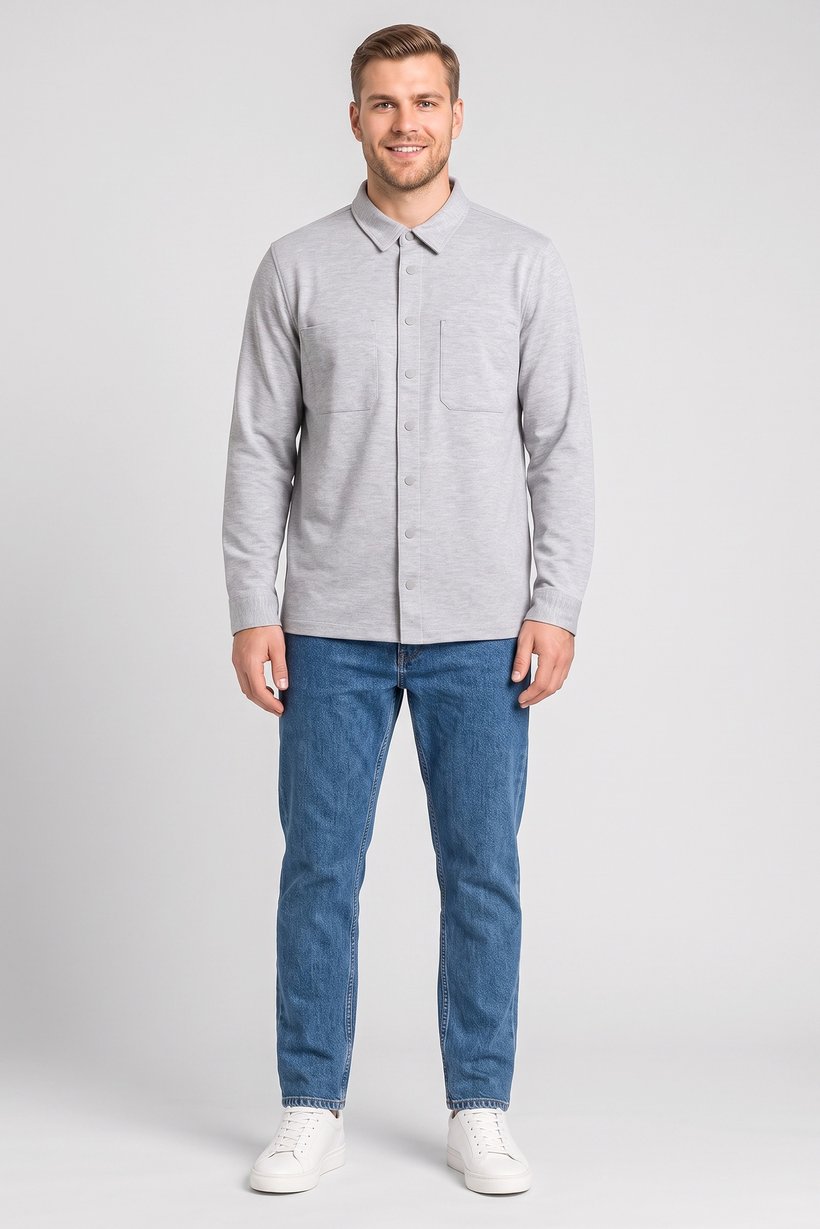 Men Regular Fit Long Sleeve Textured Casual Over Shirt, Light Grey