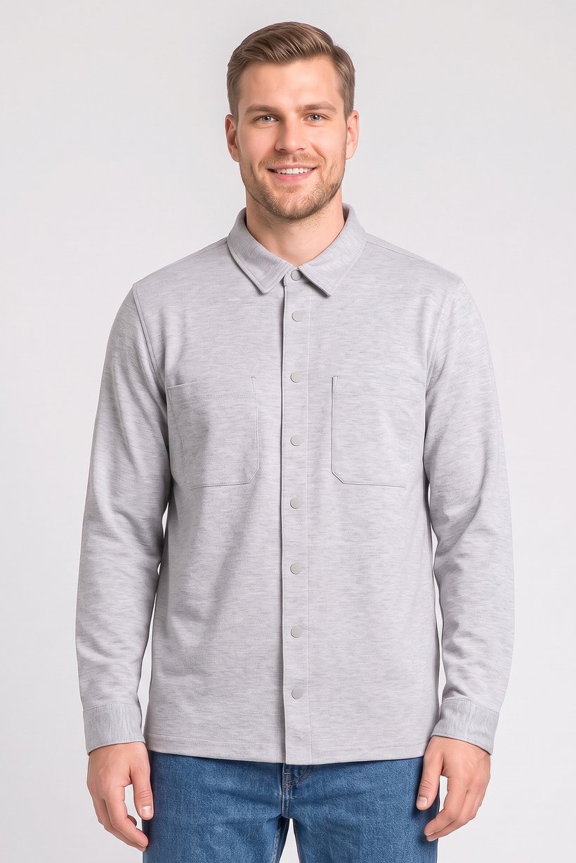Men Regular Fit Long Sleeve Textured Casual Over Shirt, Light Grey