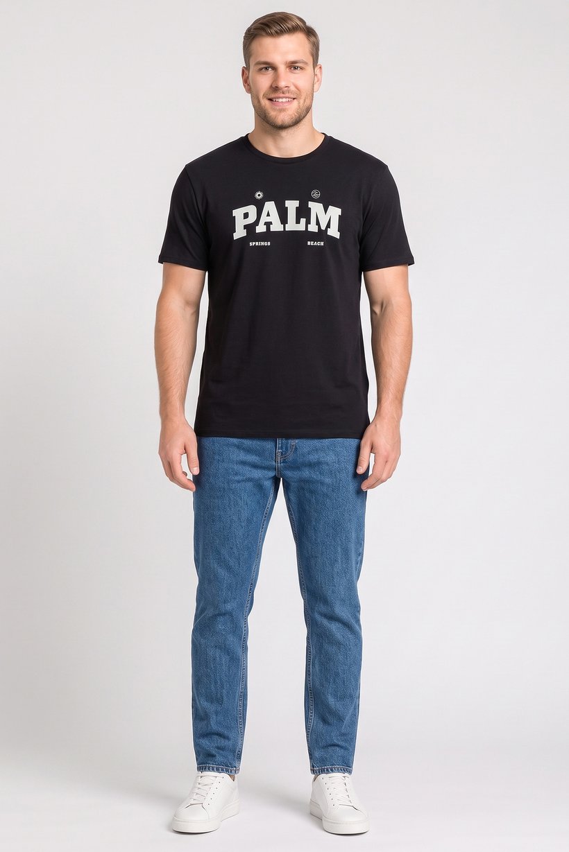 Men Crew Neck Short Sleeve Graphic Print T-Shirt, Black