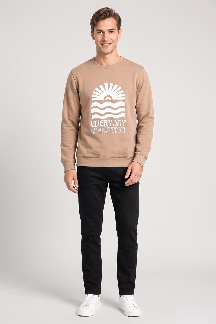 Men Crew Neck Long Sleeve Graphic Print Sweatshirt, Tan