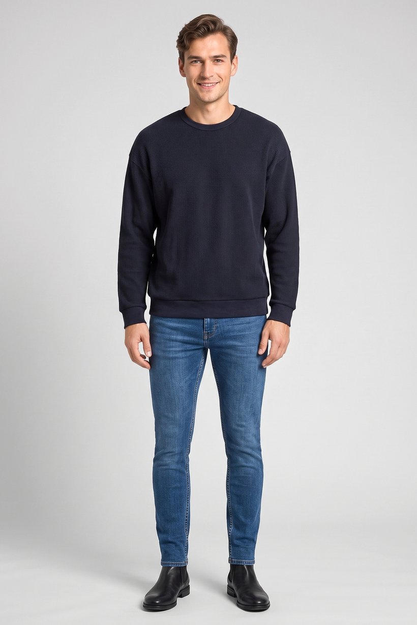 Men Crew Neck Textured Long Sleeve Sweatshirt, Navy