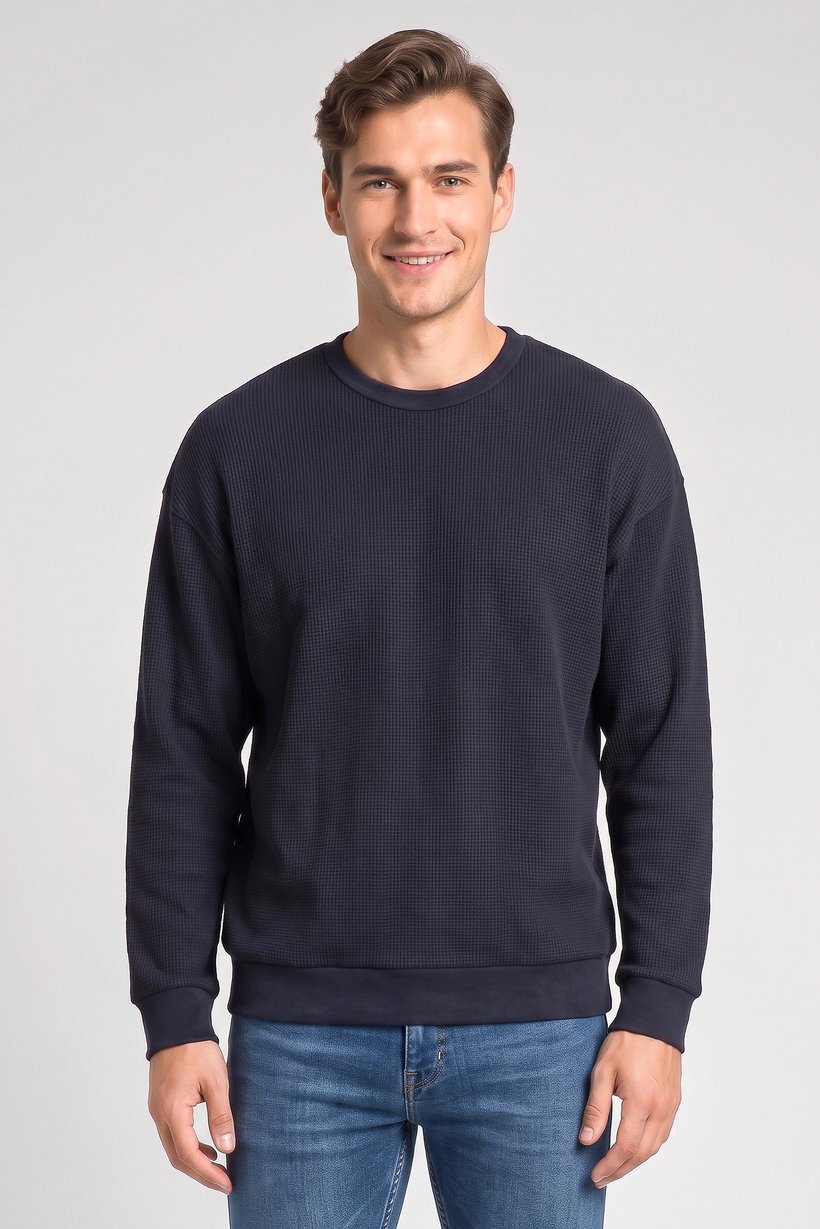 Men Crew Neck Textured Long Sleeve Sweatshirt, Navy