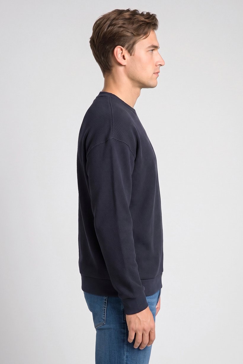Men Crew Neck Textured Long Sleeve Sweatshirt, Navy
