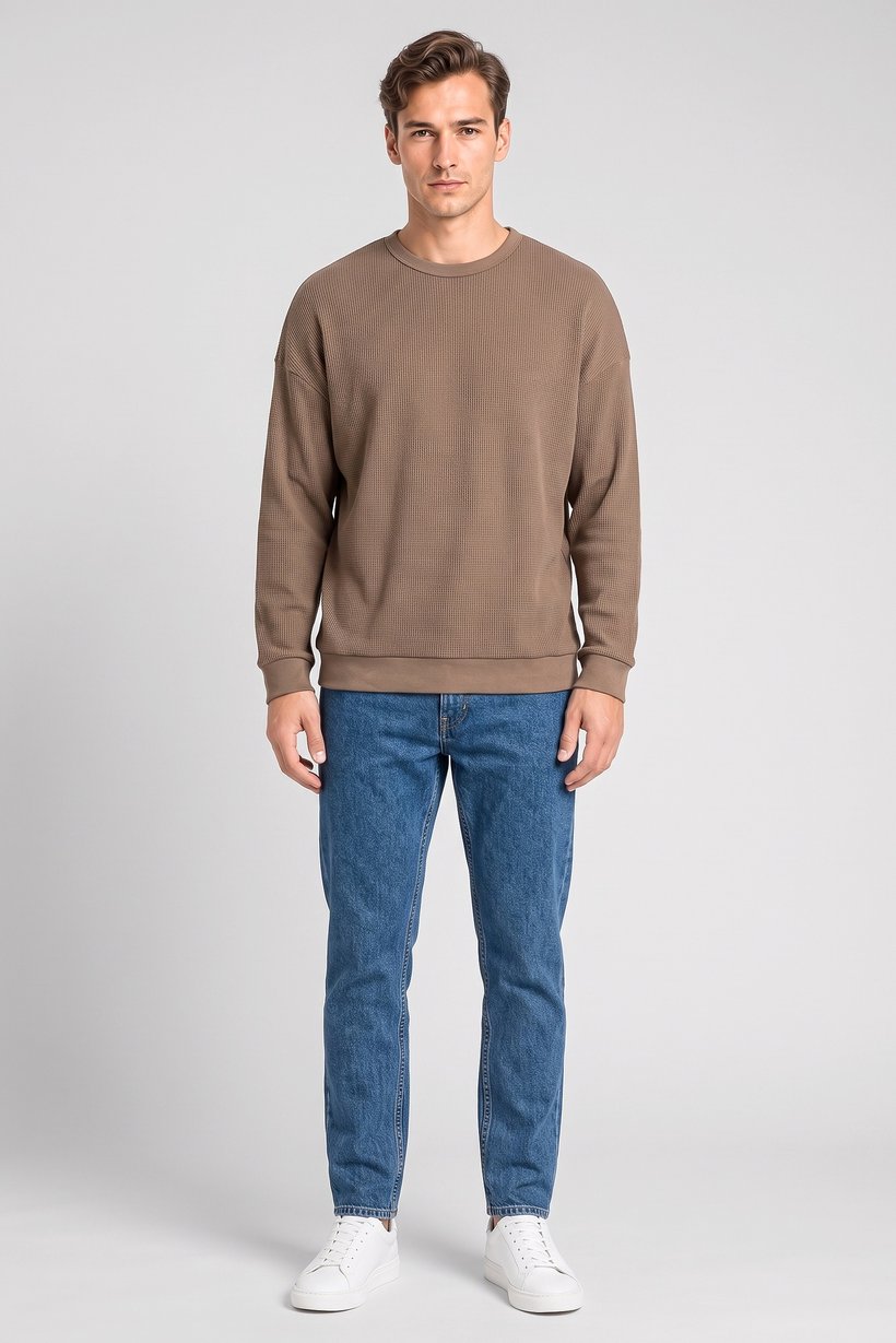 Men Crew Neck Textured Long Sleeve Sweatshirt, Brown