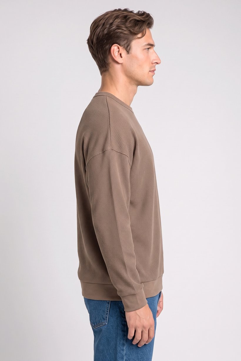 Men Crew Neck Textured Long Sleeve Sweatshirt, Brown