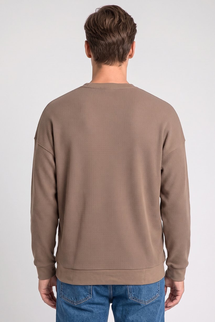 Men Crew Neck Textured Long Sleeve Sweatshirt, Brown