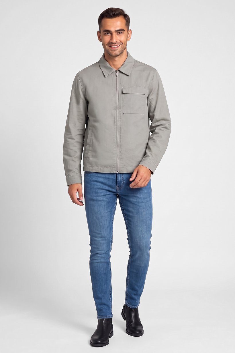 Men Solid Long Sleeve Full Zip Jacket Shirt, Sage Green
