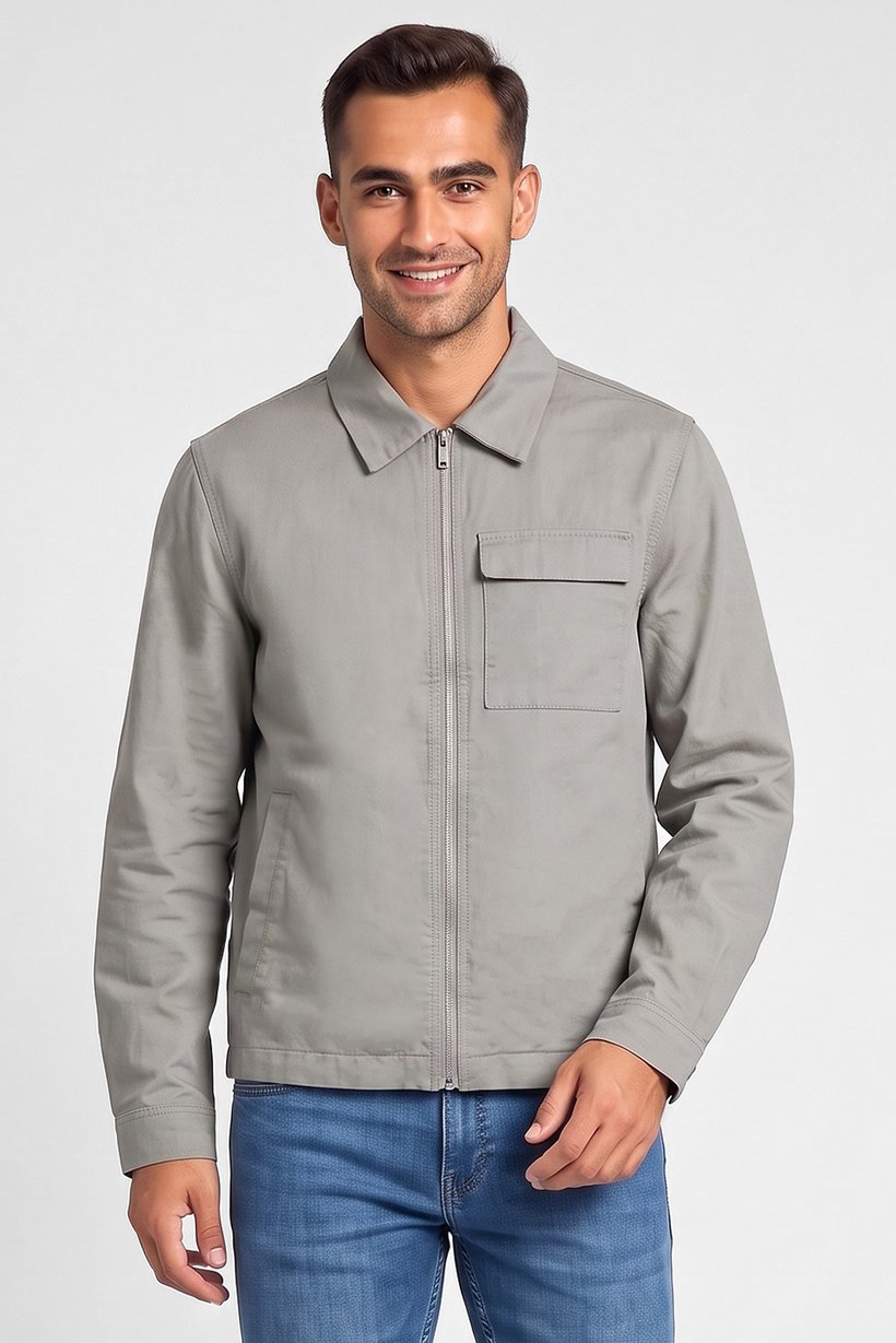Men Solid Long Sleeve Full Zip Jacket Shirt, Sage Green