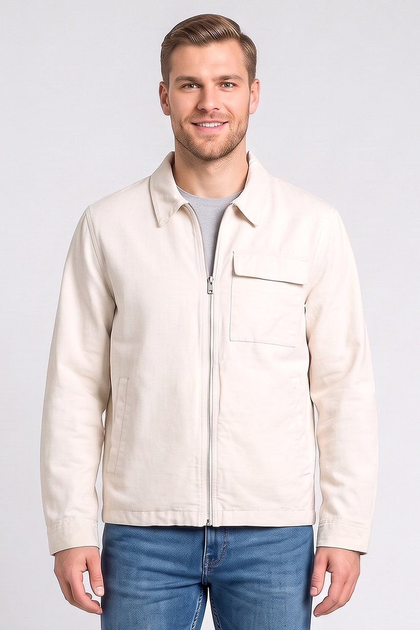 Men Solid Long Sleeve Jacket Shirt, Light Beige