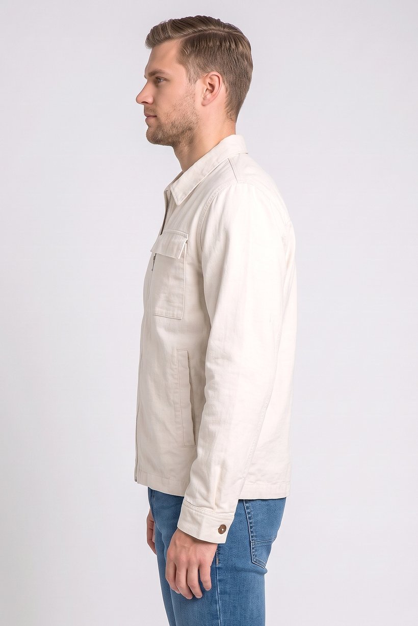 Men Solid Long Sleeve Jacket Shirt, Light Beige