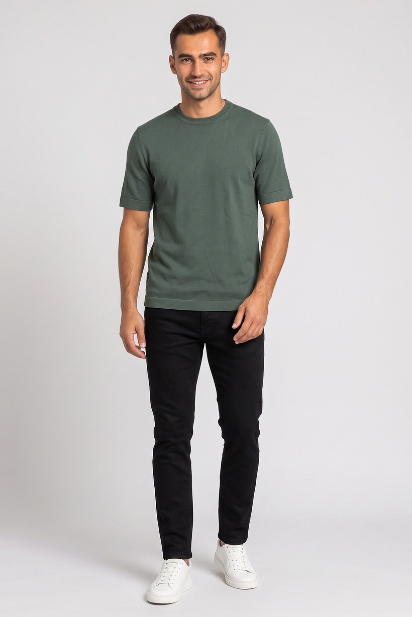 Men Ribbed Collar Short Sleeve Solid T-Shirt, Dark Green