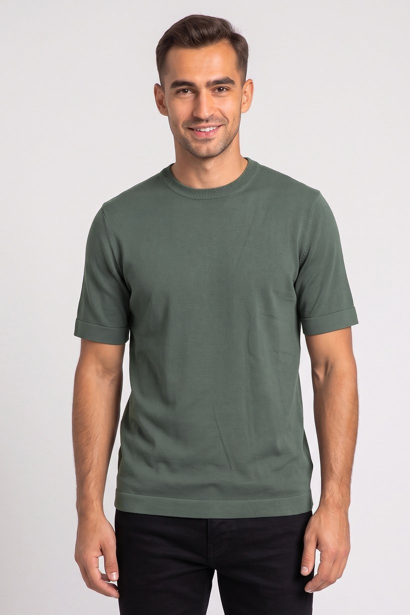 Men Ribbed Collar Short Sleeve Solid T-Shirt, Dark Green