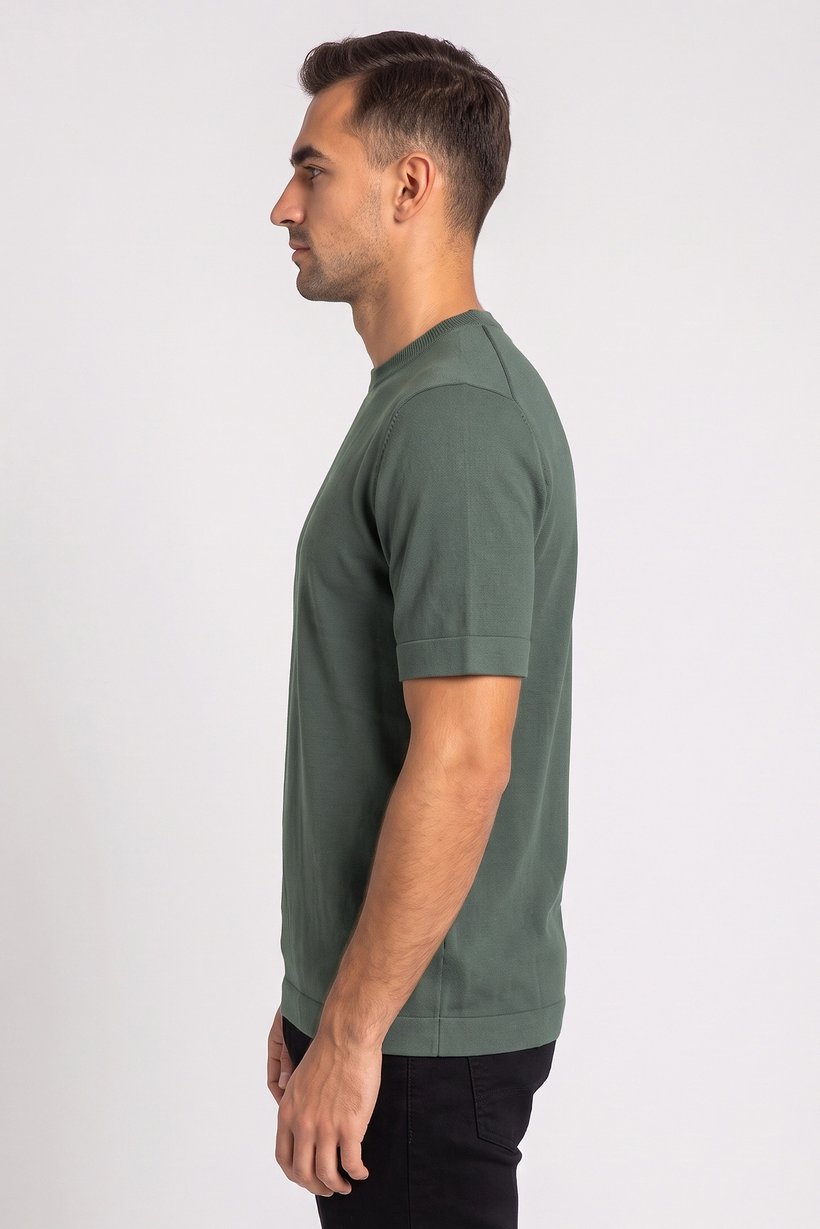 Men Ribbed Collar Short Sleeve Solid T-Shirt, Dark Green