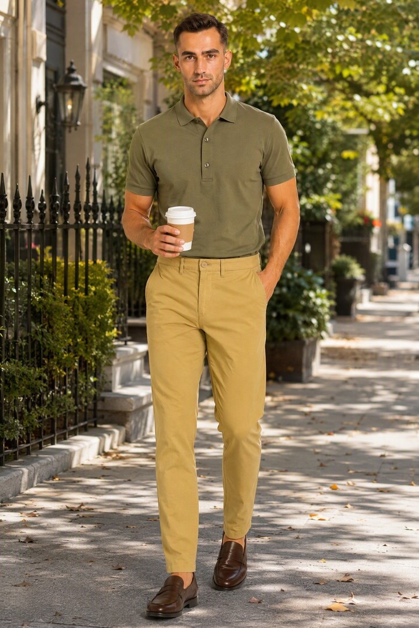 Men Slim Fit Plain Chino Pants, Light Yellow