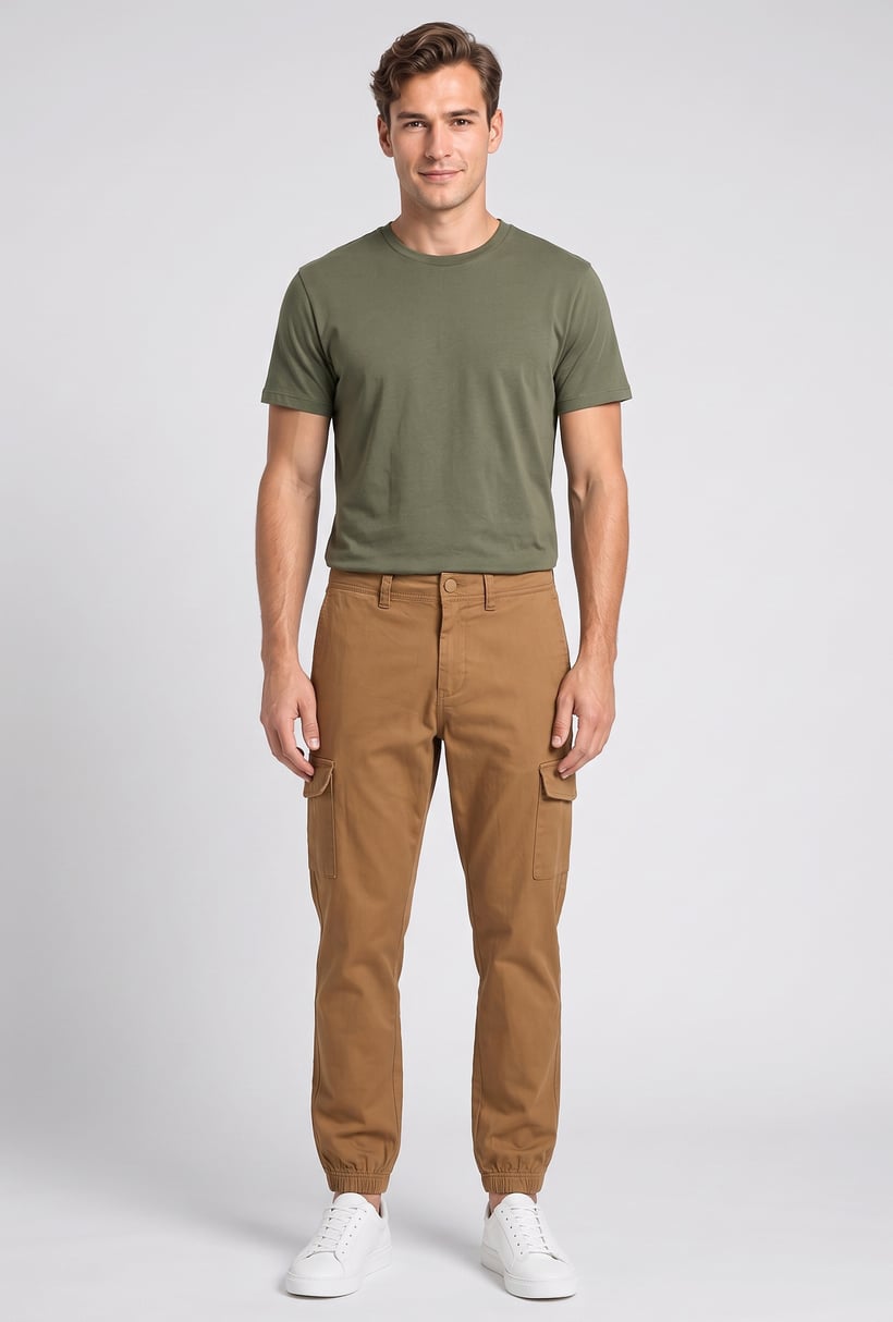 Men Slim Fit Solid Cargo Pants, Brown