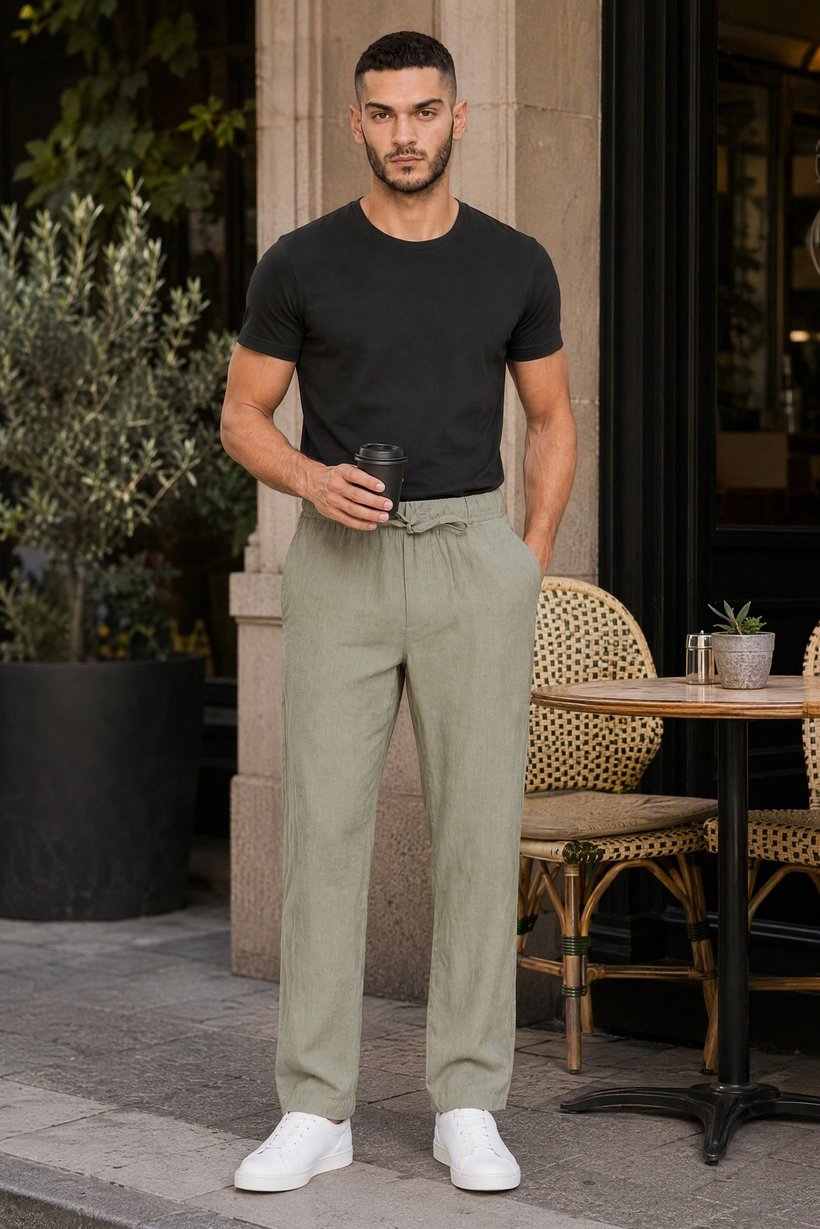 Men Comfort Fit Chambray Straight Leg Pants, Sage