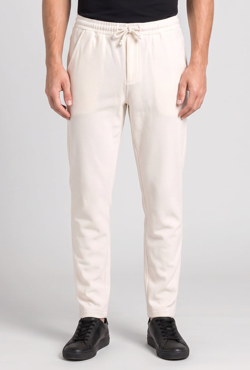 Men Comfort Fit Textured Straight Leg Pants, Off White