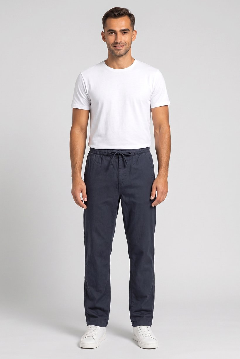Men Comfort Fit Chambray Straight Leg Pants, Navy