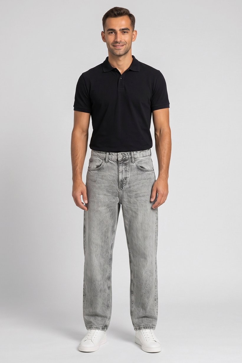 Men Baggy Fit Washed Non Stretchable Jeans, Light Grey